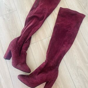 Burgundy Over The Knee Suede Boots